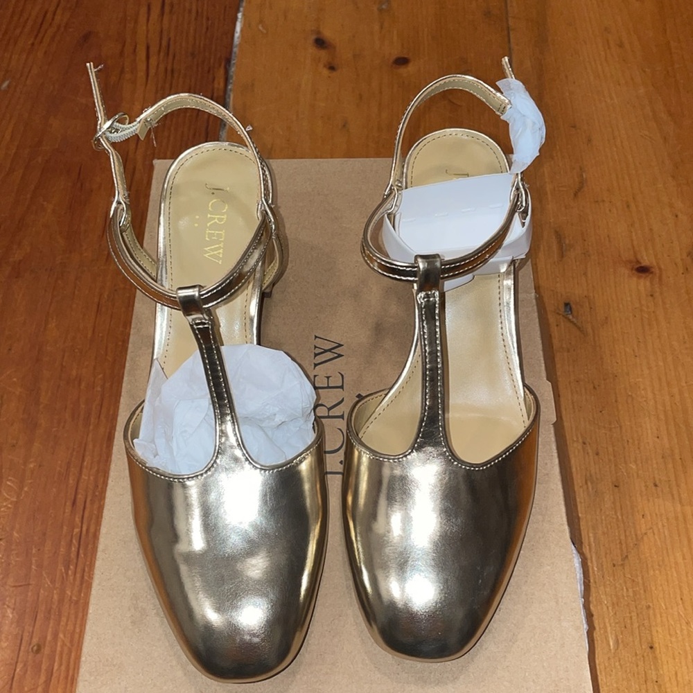 Shoe J Crew Ankle T- Strap Heel Gold NIB NEW size 8 1/2 - Picture 4 of 17